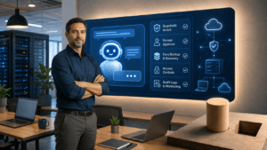Can AI replace your MSP? Human IT professional overseeing a secure AI dashboard with backups, access controls, and guardrails.