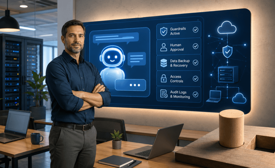 Can AI replace your MSP? Human IT professional overseeing a secure AI dashboard with backups, access controls, and guardrails.